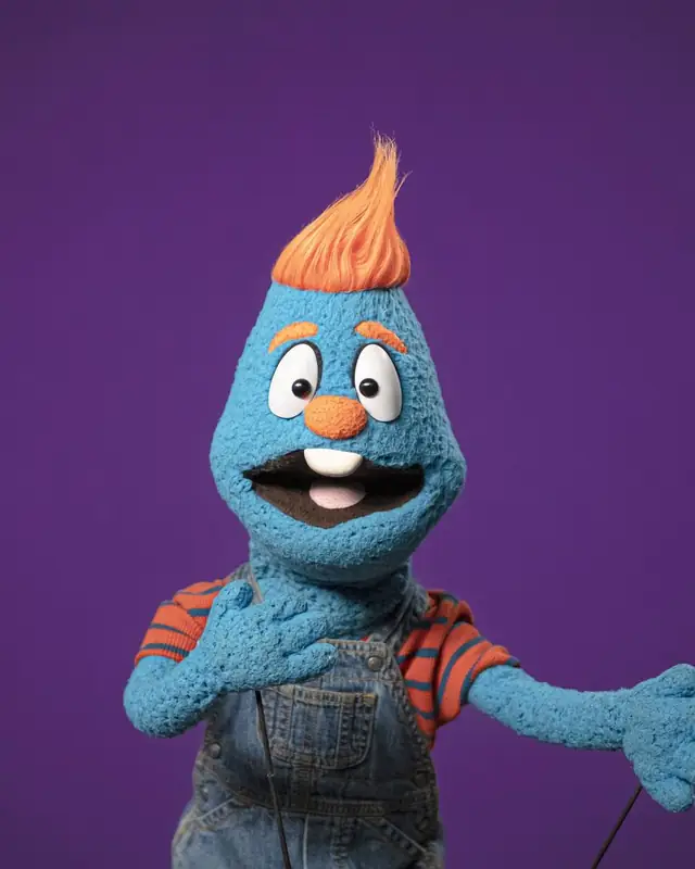 Flury, títere azul con cabello naranja y overol